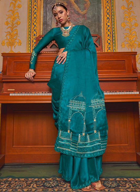 Teal Green Chiffon Embroidery Work Party Wear Saree SW864745