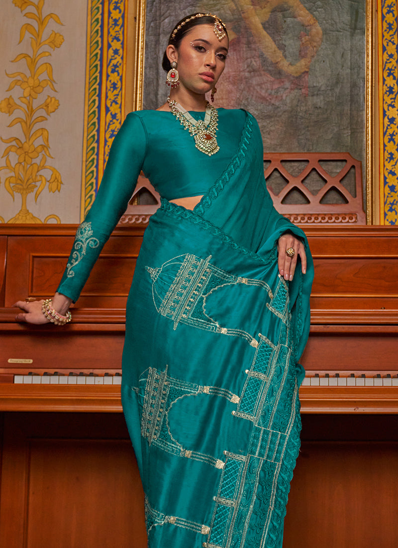 Teal Green Chiffon Embroidery Work Party Wear Saree SW864745