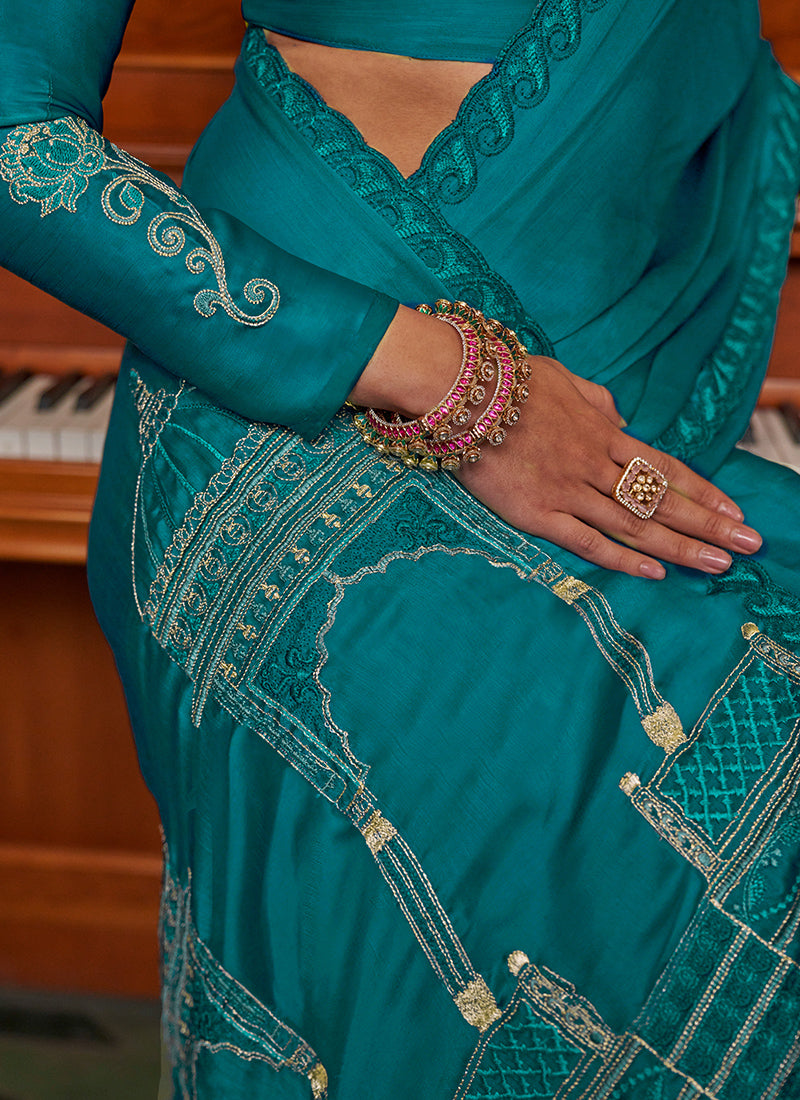Teal Green Chiffon Embroidery Work Party Wear Saree SW864745