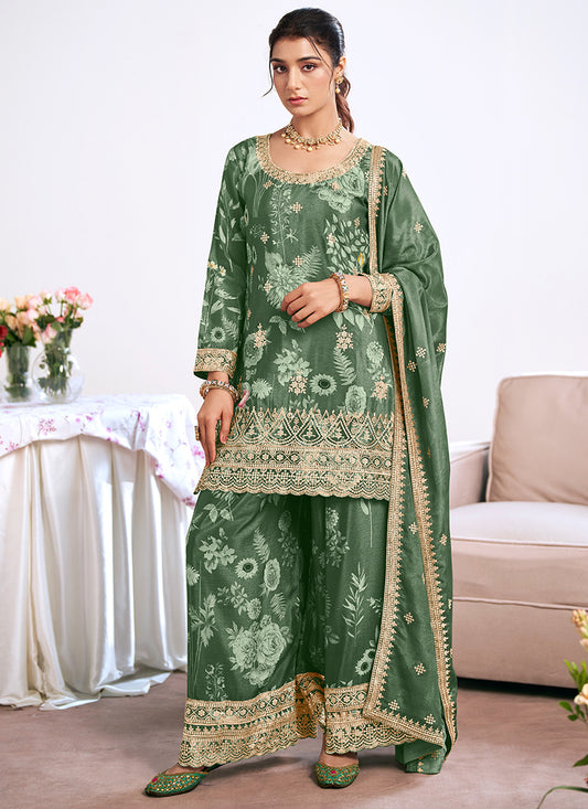 Teal Green Chinon Embroidery Work Festival Wear Readymade Plazzo Suit SW397348