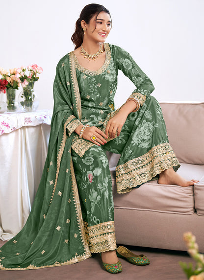 Teal Green Chinon Embroidery Work Festival Wear Readymade Plazzo Suit SW397348