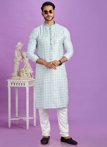 Teal Green Cotton Pintux Work Festival Wear Readymade Kurta Pajama SW256969