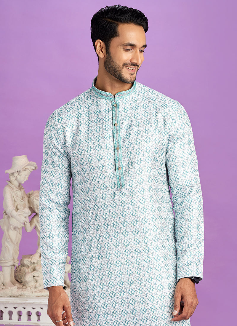 Teal Green Cotton Pintux Work Festival Wear Readymade Kurta Pajama SW256969