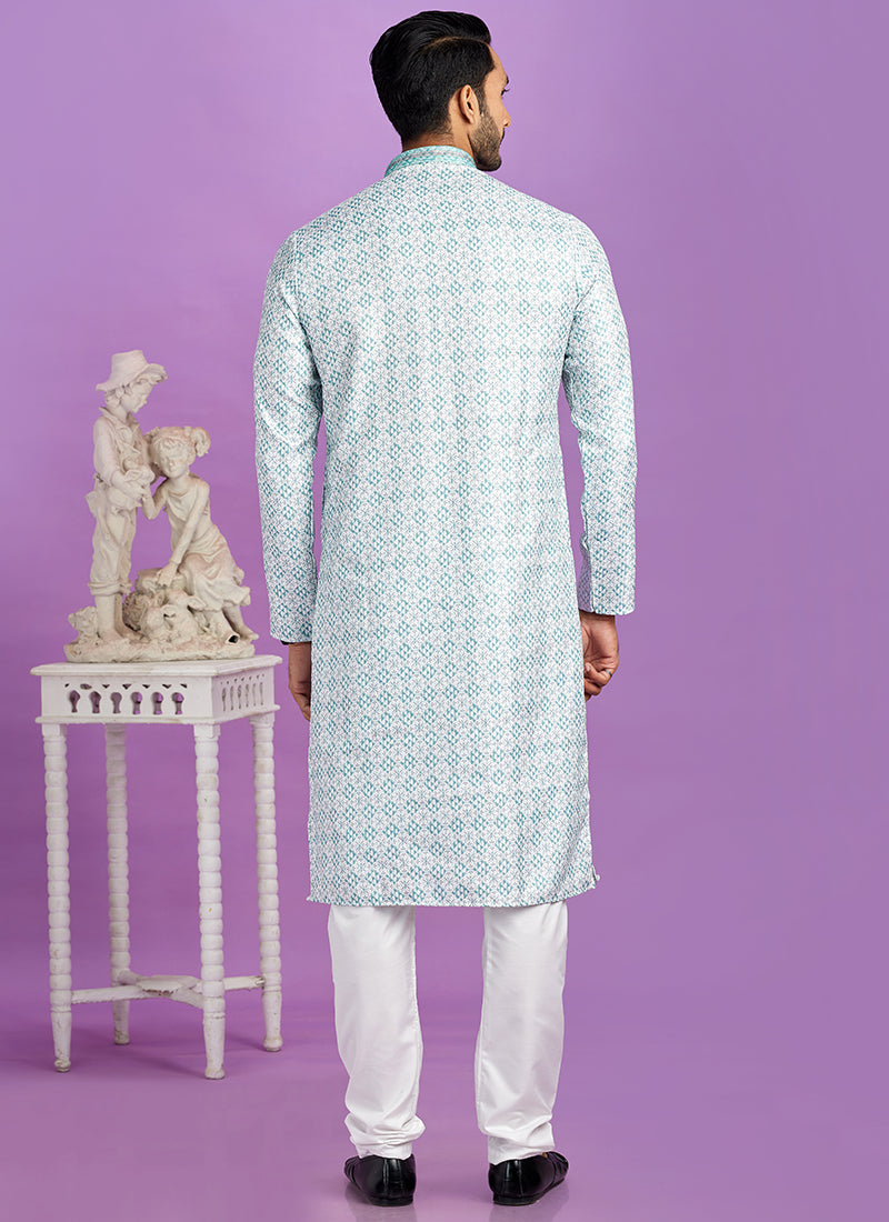 Teal Green Cotton Pintux Work Festival Wear Readymade Kurta Pajama SW256969