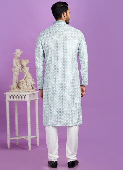 Teal Green Cotton Pintux Work Festival Wear Readymade Kurta Pajama SW256969