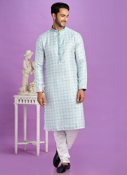 Teal Green Cotton Pintux Work Festival Wear Readymade Kurta Pajama SW256969
