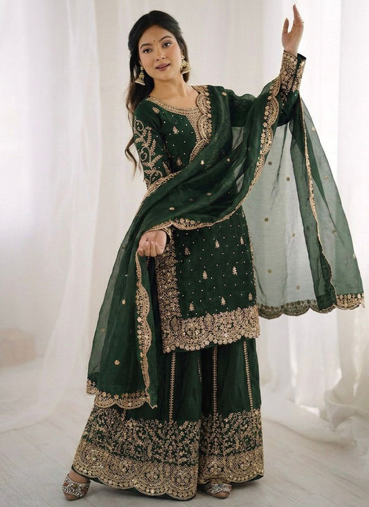 Teal Green Fendy Silk Embroidery Work Occasional Wear Readymade Plazzo Suit SW230275