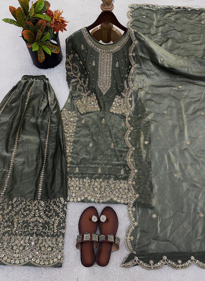 Teal Green Fendy Silk Embroidery Work Occasional Wear Readymade Plazzo Suit SW230275