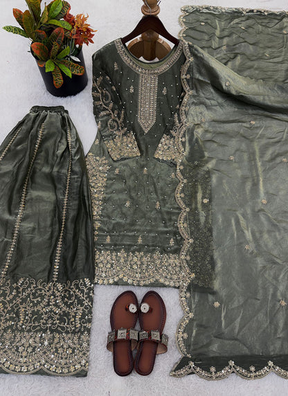 Teal Green Fendy Silk Embroidery Work Occasional Wear Readymade Plazzo Suit SW230275