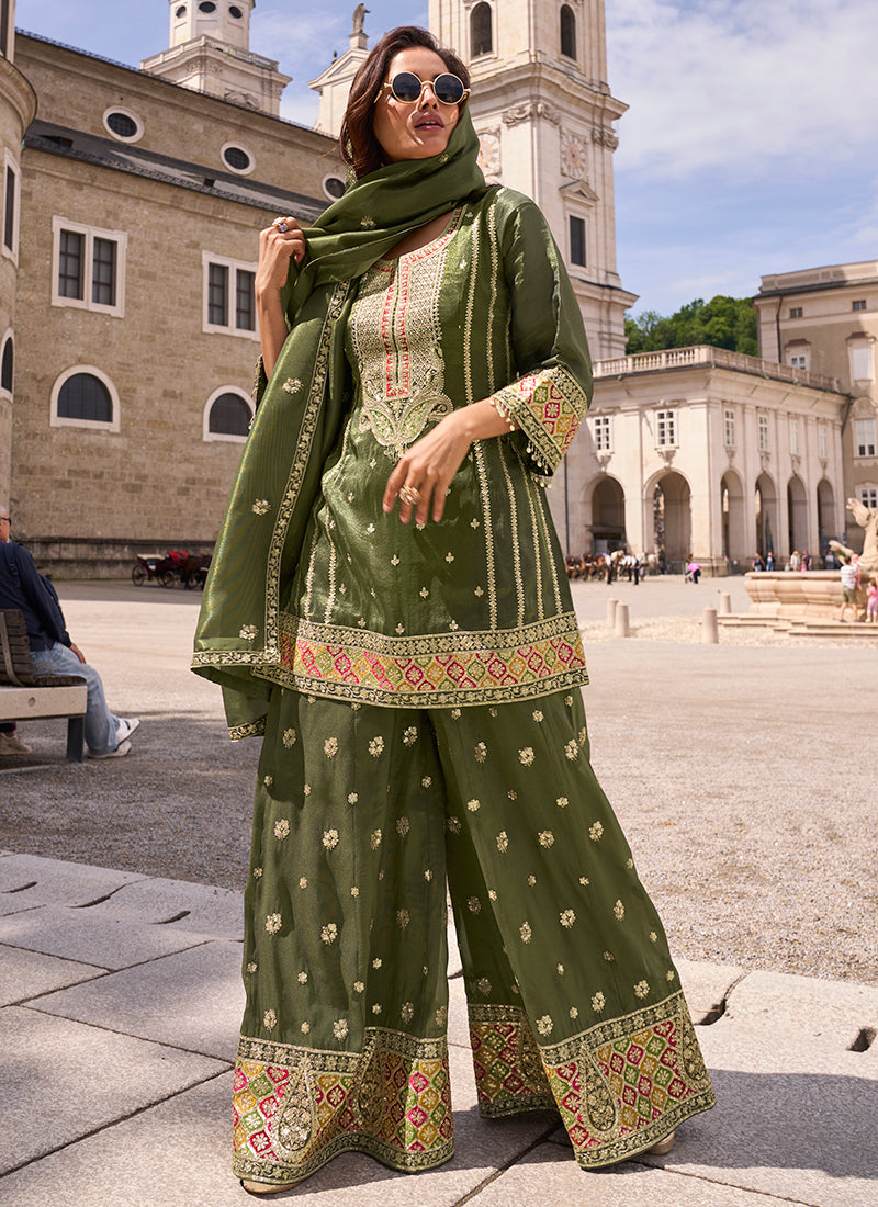 Teal Green Shimmer Silk Embroidery Work Occasional Wear Readymade Plazzo Suit SW666401