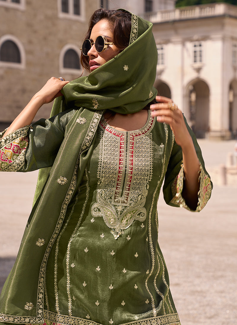 Teal Green Shimmer Silk Embroidery Work Occasional Wear Readymade Plazzo Suit SW666401