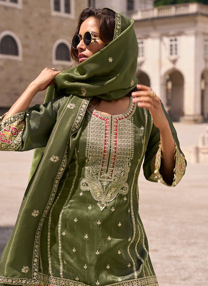 Teal Green Shimmer Silk Embroidery Work Occasional Wear Readymade Plazzo Suit SW666401