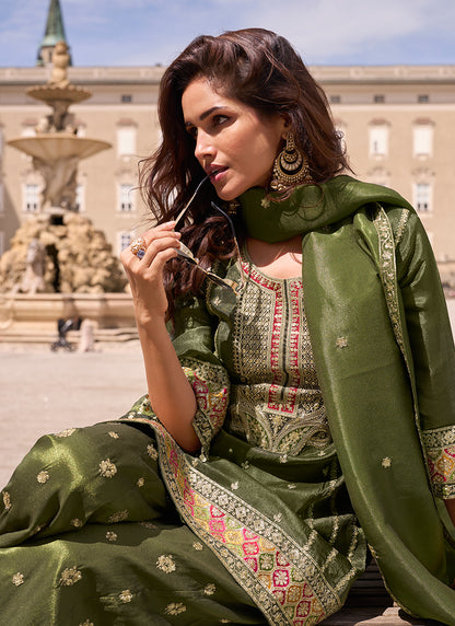 Teal Green Shimmer Silk Embroidery Work Occasional Wear Readymade Plazzo Suit SW666401