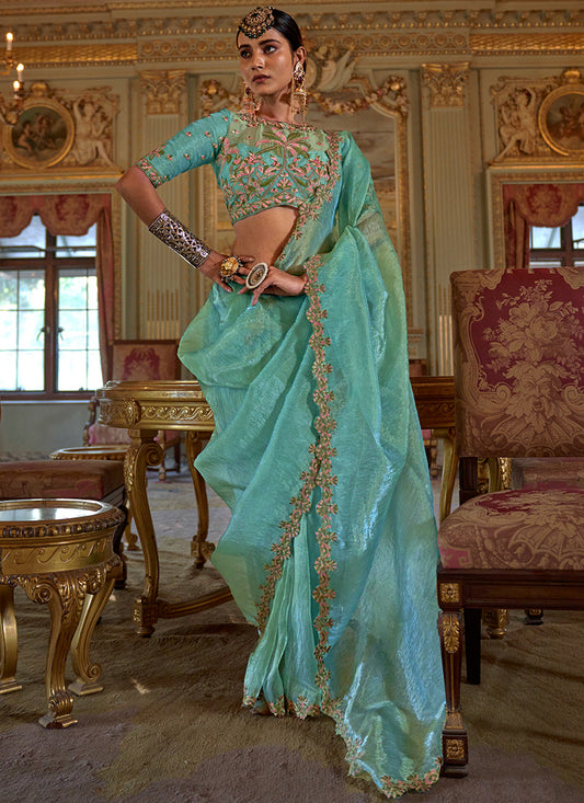 Turquise Tissue Silk Thread Work Occasional Wear Saree SW300178