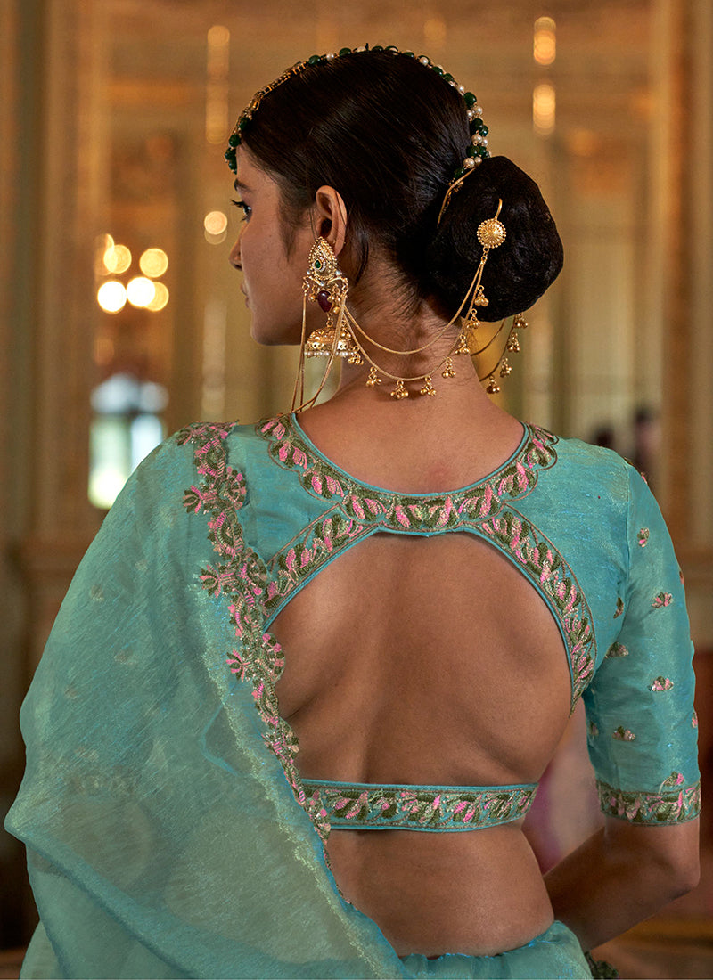 Turquise Tissue Silk Thread Work Occasional Wear Saree SW300178