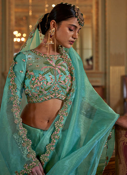 Turquise Tissue Silk Thread Work Occasional Wear Saree SW300178