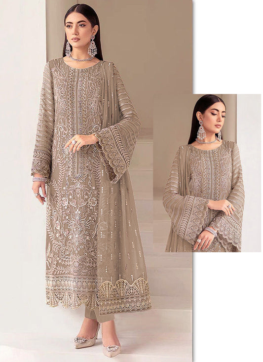 Faux Georgette Taupe Beige Eid Wear Zari Embroidery Work Pakistani Suit 388384