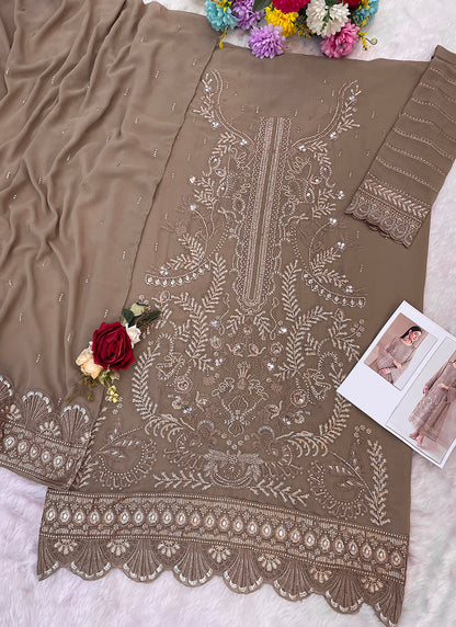 Faux Georgette Taupe Beige Eid Wear Zari Embroidery Work Pakistani Suit 388384