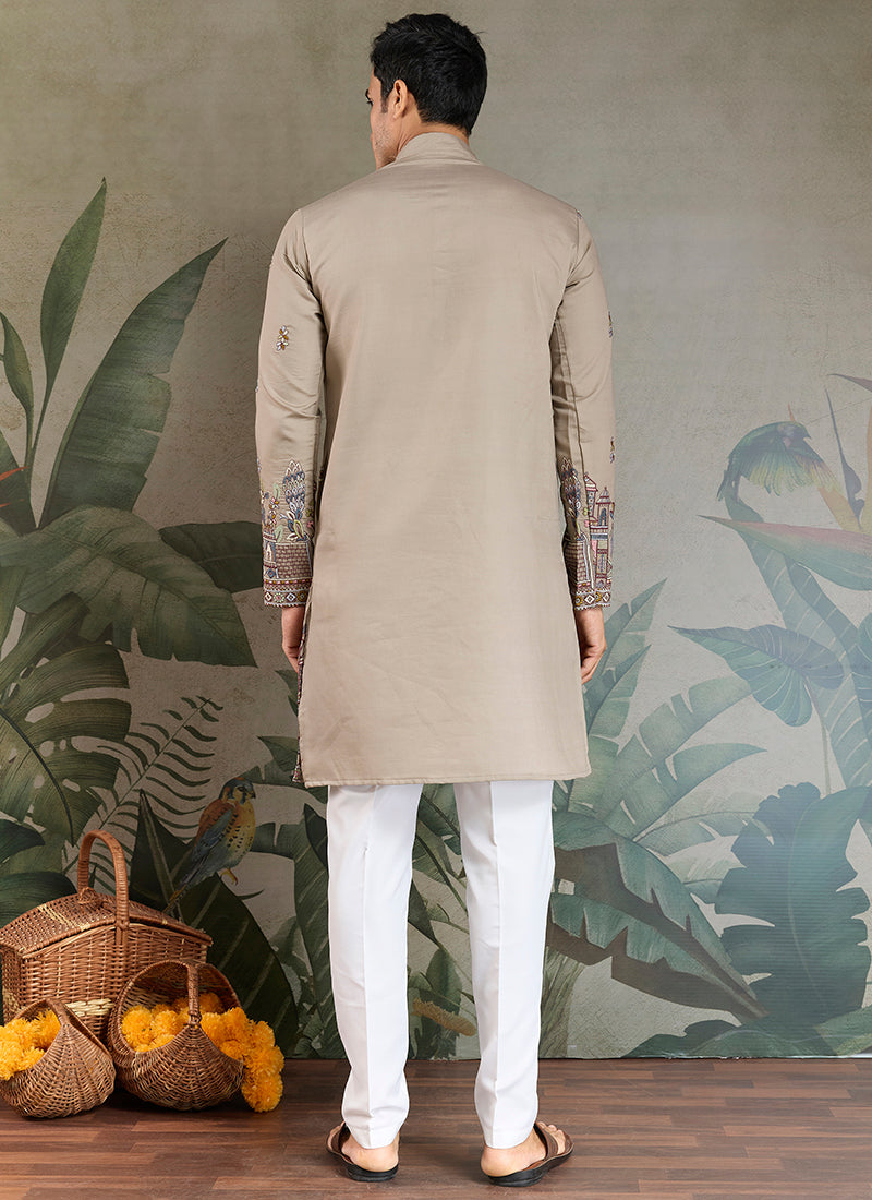 Viscose Silk Taupe Beige Party Wear Embroidery Work Readymade Kurta With Dupatta 377160