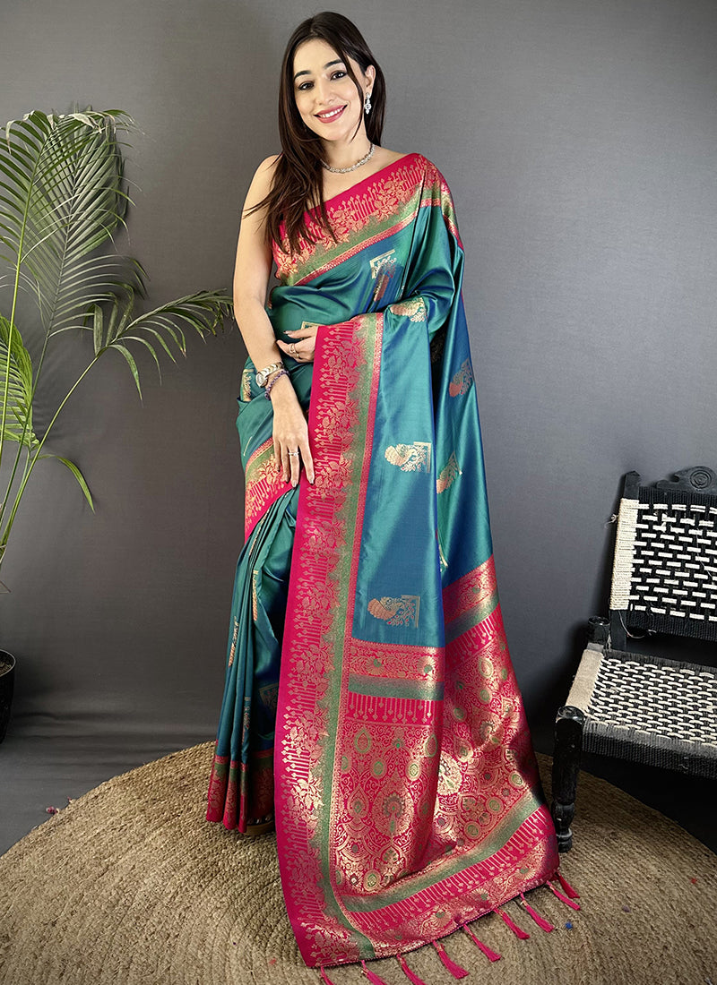 Banarasi Silk Teal Festival Wear Weaving Work Saree 387977