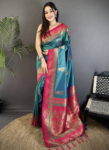 Banarasi Silk Teal Festival Wear Weaving Work Saree 387977