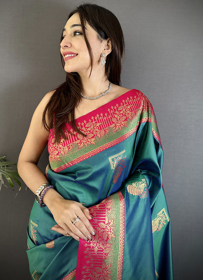 Banarasi Silk Teal Festival Wear Weaving Work Saree 387977