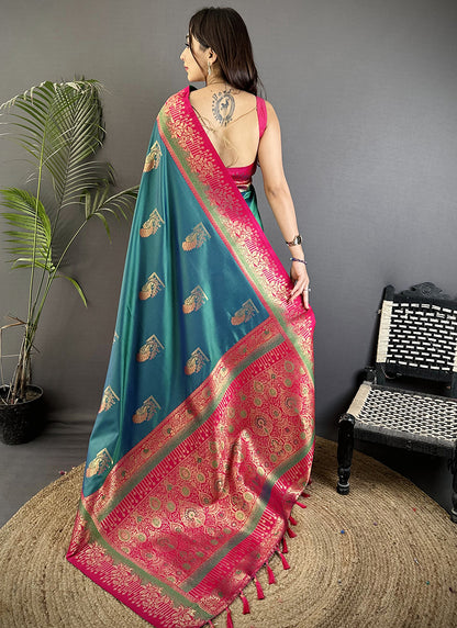 Banarasi Silk Teal Festival Wear Weaving Work Saree 387977