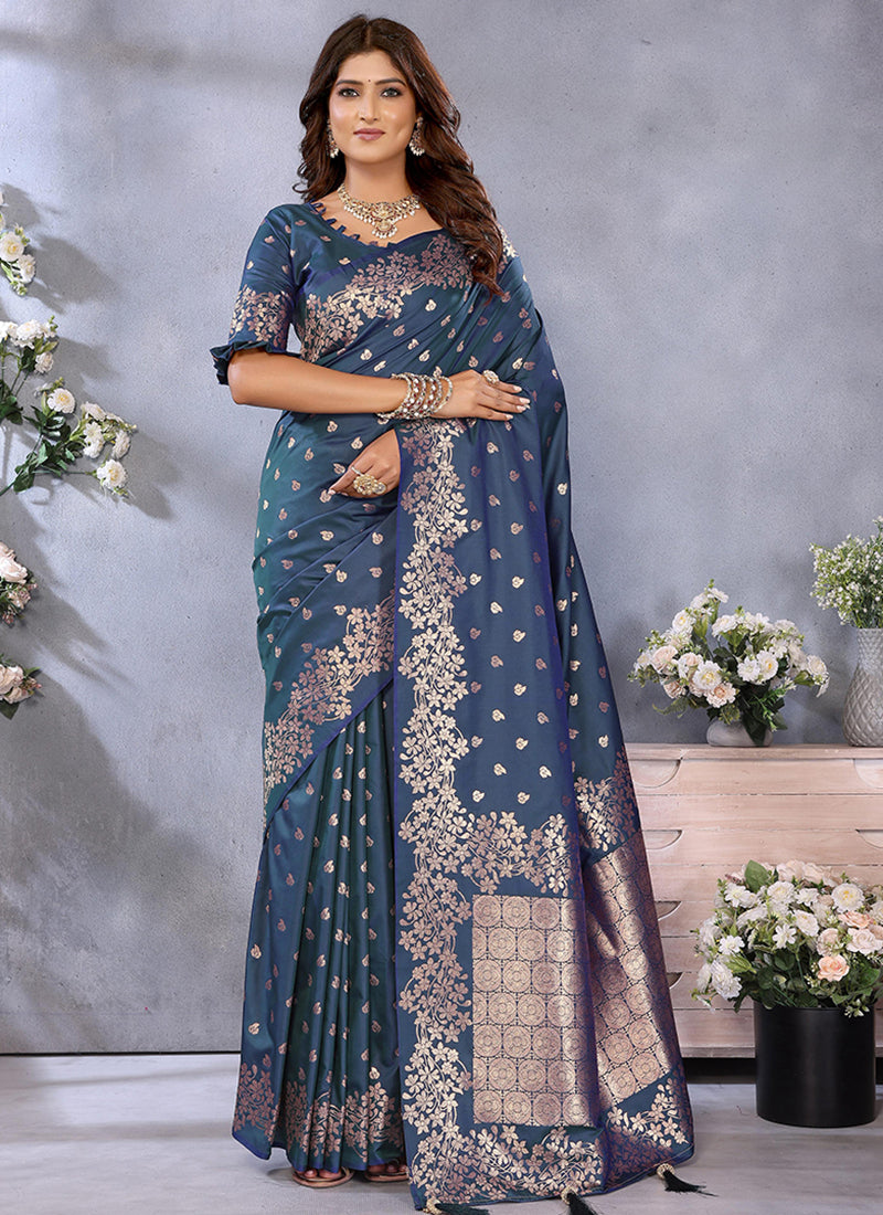 Banarasi Silk Teal Saree with Zari Weaving Work for Wedding Wear 382938