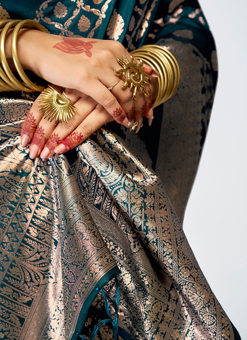 Banarasi Silk Teal Blue Party Wear Zari Weaving Work Saree 387502