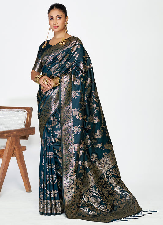 Banarasi Silk Teal Blue Party Wear Zari Weaving Work Saree 387506