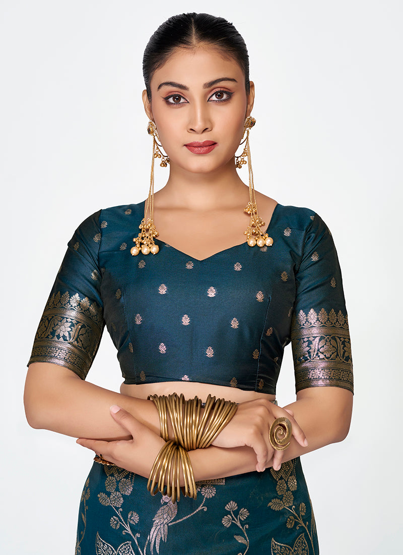 Banarasi Silk Teal Blue Party Wear Zari Weaving Work Saree 387506