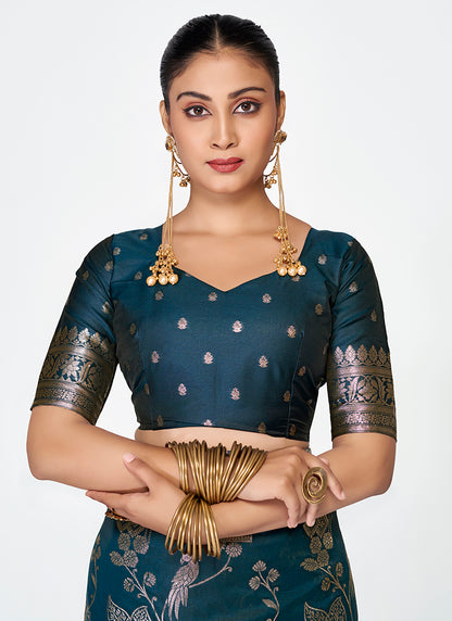 Banarasi Silk Teal Blue Party Wear Zari Weaving Work Saree 387506