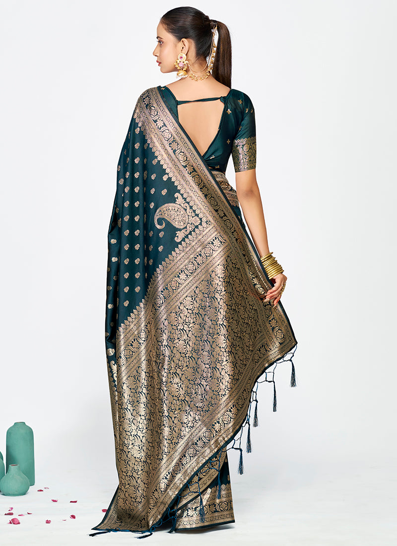 Banarasi Silk Teal Blue Party Wear Zari Work Saree 387500