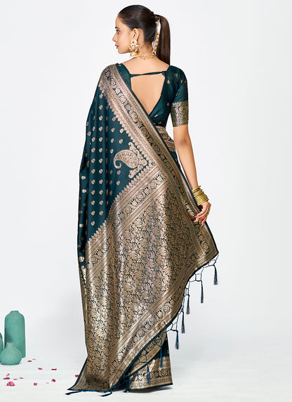 Banarasi Silk Teal Blue Party Wear Zari Work Saree 387500