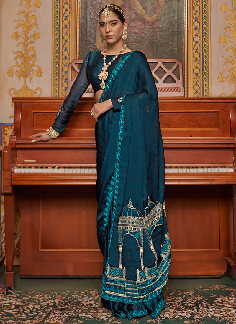 Teal Blue Chiffon Embroidery Work Party Wear Saree SW842503