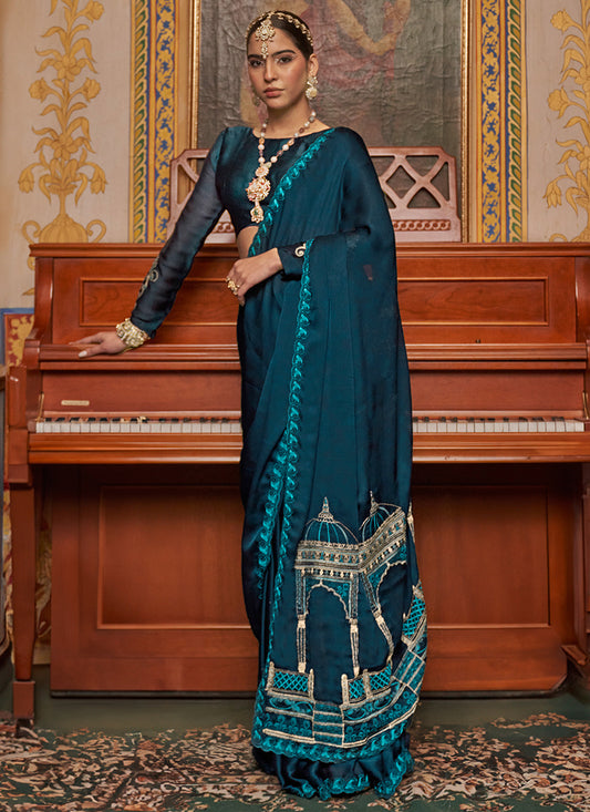 Teal Blue Chiffon Embroidery Work Party Wear Saree SW842503