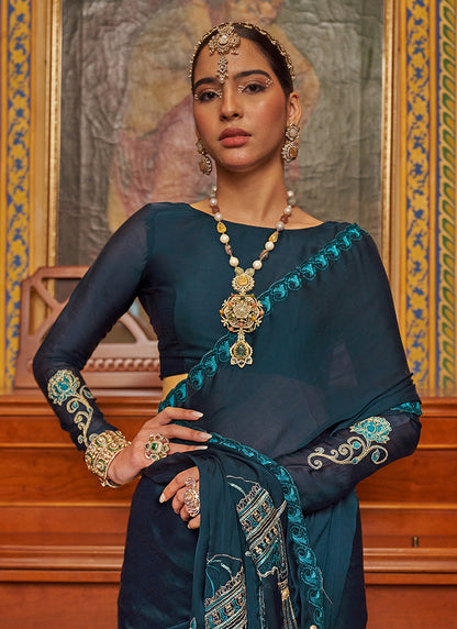 Teal Blue Chiffon Embroidery Work Party Wear Saree SW842503