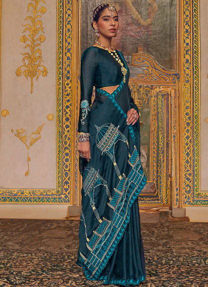 Teal Blue Chiffon Embroidery Work Party Wear Saree SW842503