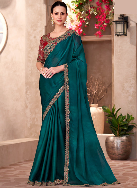 Chiffon Teal Blue Saree with Linen Work for Bridal Wear 380649