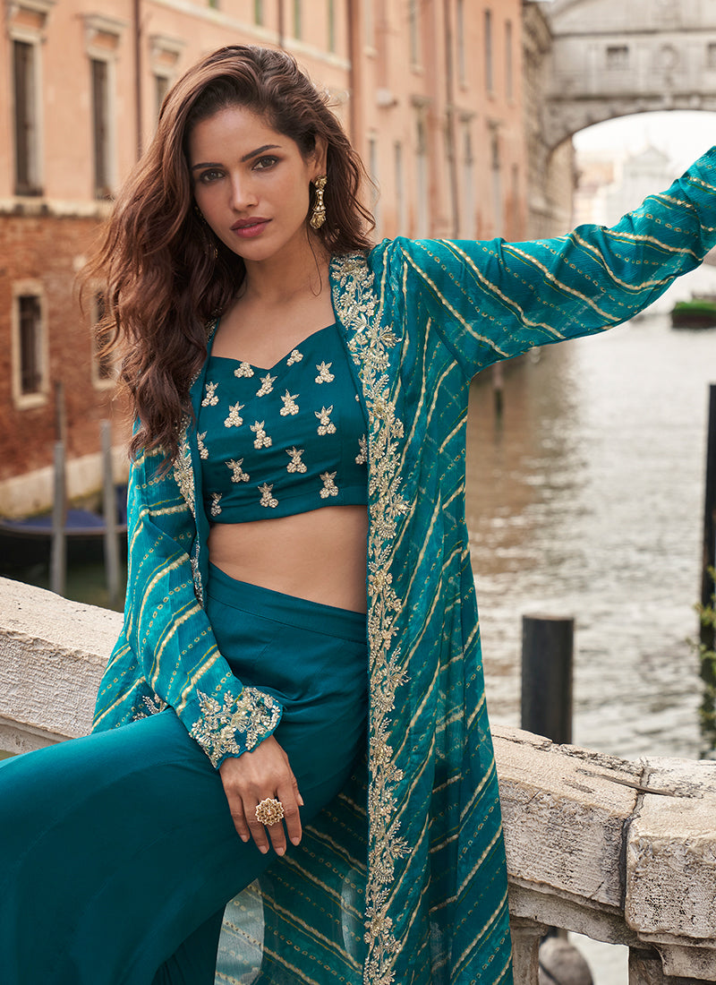 Chinnon Silk Teal Blue Party Wear with Embroidery Work Readymade Indo Western Plazzo Suit 385433