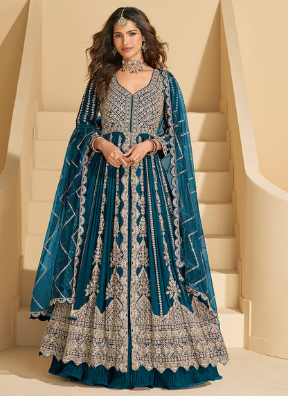 Chinnon Silk Teal Blue Wedding Wear Embroidery Work Readymade Anarkali Suit 384439