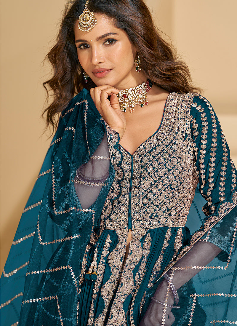 Chinnon Silk Teal Blue Wedding Wear Embroidery Work Readymade Anarkali Suit 384439