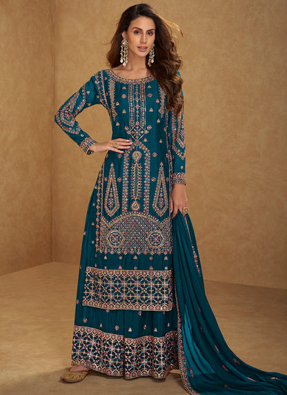 Teal Blue Chinon Embroidery Work Occasional Wear Readymade Plazzo Suit SW895778