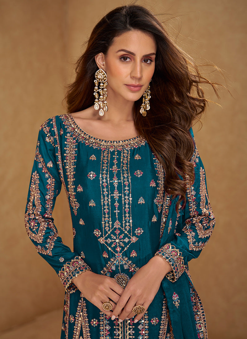 Teal Blue Chinon Embroidery Work Occasional Wear Readymade Plazzo Suit SW895778