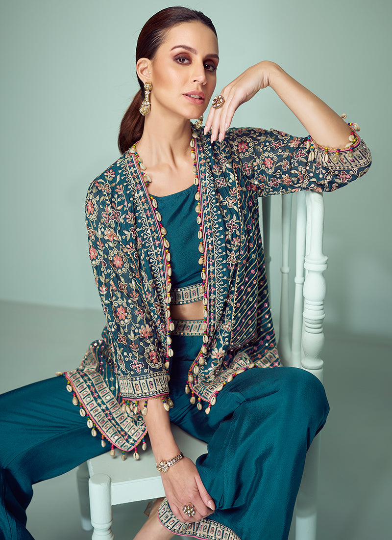 Teal Blue Chinon Embroidery Work Party Wear Readymade Plazzo Suit SW372418