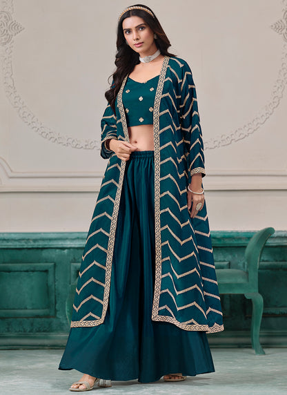 Teal Blue Chinon Silk Embroidery Work Party Wear Indowestern Suit SW853885