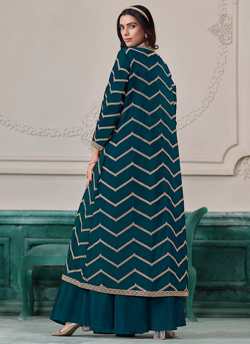 Teal Blue Chinon Silk Embroidery Work Party Wear Indowestern Suit SW853885