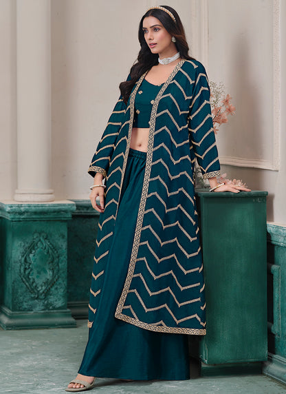 Teal Blue Chinon Silk Embroidery Work Party Wear Indowestern Suit SW853885