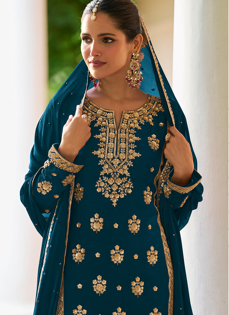 Teal Blue Chinon Sequins Work  Wedding Wear Readymade Plazzo Suit SW801414