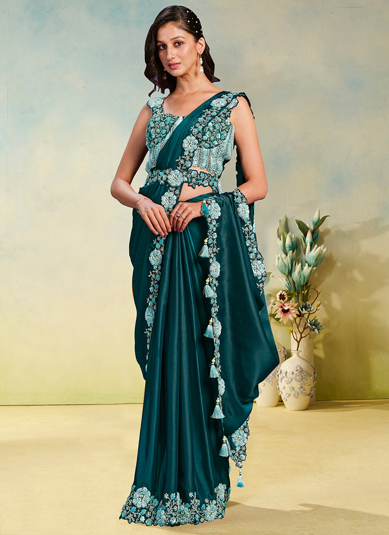 Teal Blue Crape Satin Silk Sequin Work Party Wear Ready To Wear Saree SW903096